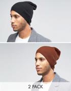 Asos Slouchy Beanie 2 Pack In Black And Rust - Multi