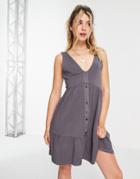 Asos Design Button Through Smock Dress In Slate Gray-grey