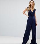 Asos Tall Wrap Lace Jumpsuit With Wide Leg - Navy