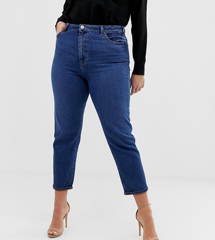 Asos Design Curve Recycled Farleigh High Waist Slim Mom Jeans In Dark Wash - Blue