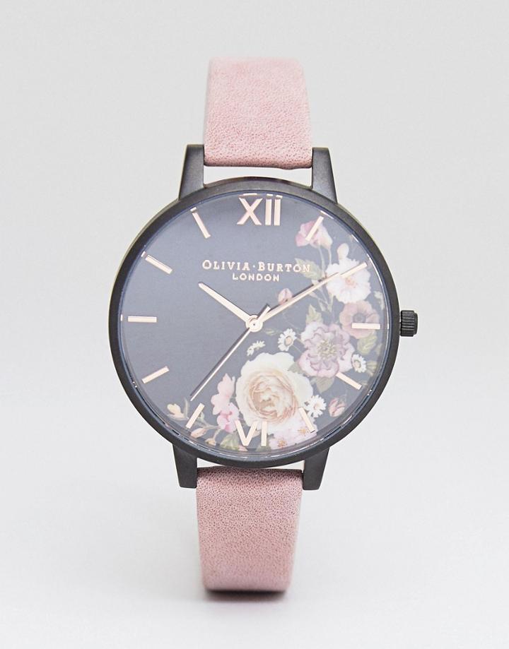 Olivia Burton Ob16ad26 After Dark Floral Suede Watch In Pink - Pink