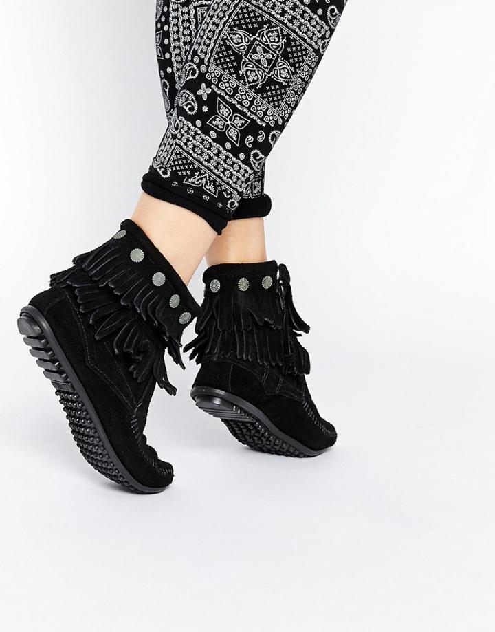 Minnetonka Black Double Fringe Coin Detail Boots - Black Suede