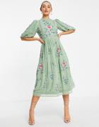 Asos Design High Neck Textured Embroidered Midi Dress With Lace Trims In Soft Green