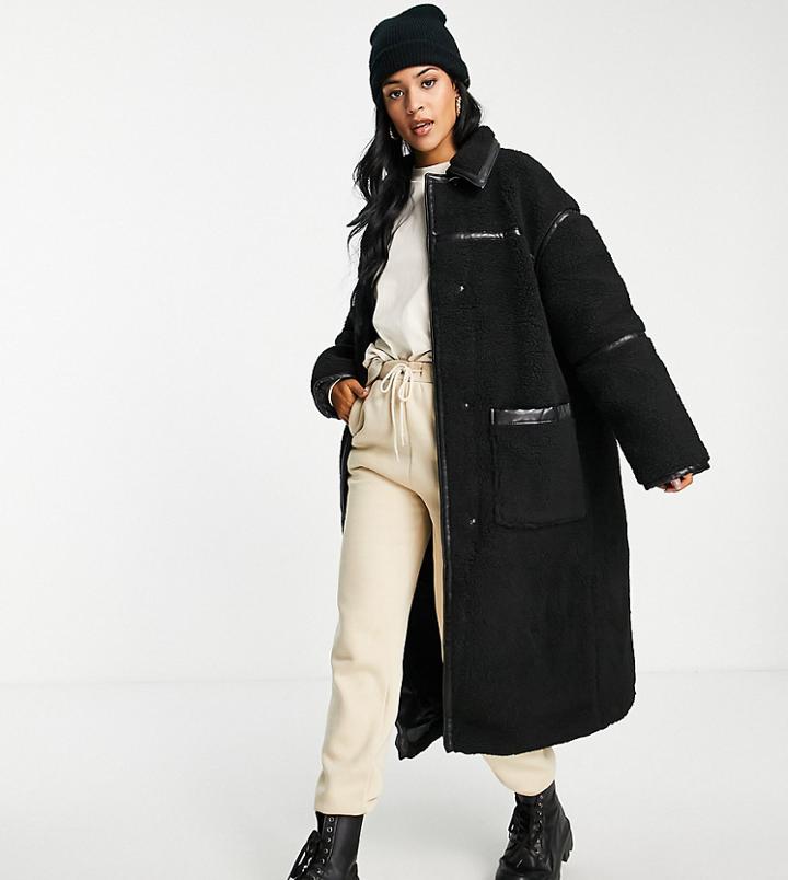 Asos Design Tall Patent Binding Fleece Maxi Coat In Black
