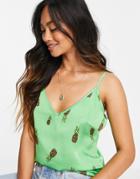 Never Fully Dressed Satin Cami Top In Green Leopard Pineapple Print - Part Of A Set