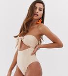 South Beach Tie Front Cut Out Swimsuit In Nude - Beige