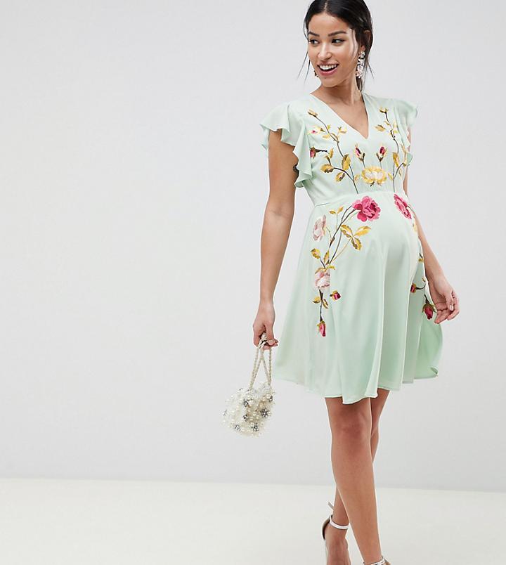 Asos Design Maternity Embroidered Skater Dress With Flutter Sleeve - Multi