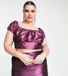 Collective The Label Curve Exclusive Puff Sleeve Top In Metallic Plum - Part Of A Set-purple