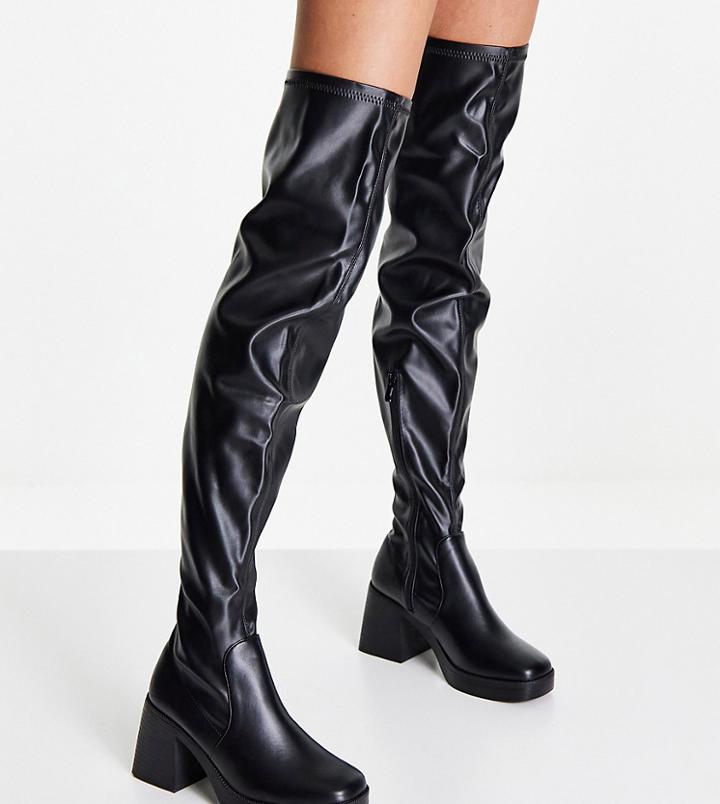 Raid Wide Fit Joyen Knee High Stretch Boots With Mid Heel In Black