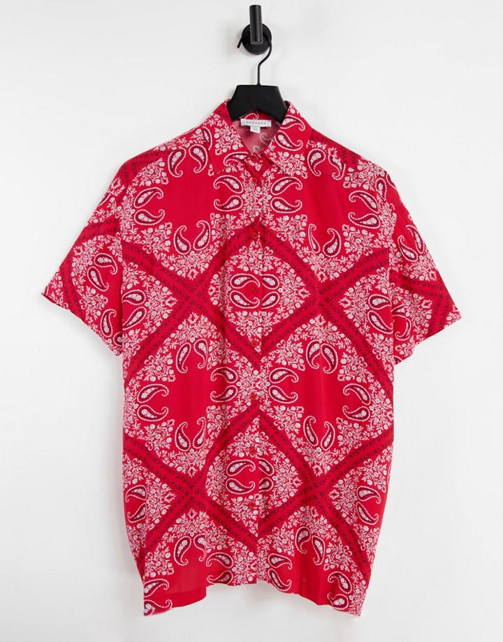 Topshop Paisley Oversized Short Sleeve Souvenir Shirt In Red