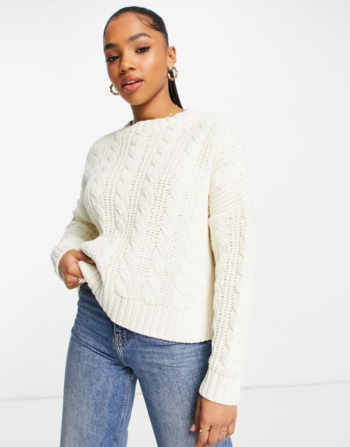 Asos Design Crew Neck Sweater With Cable Stitch In Cream-white