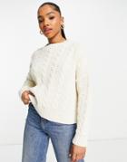Asos Design Crew Neck Sweater With Cable Stitch In Cream-white