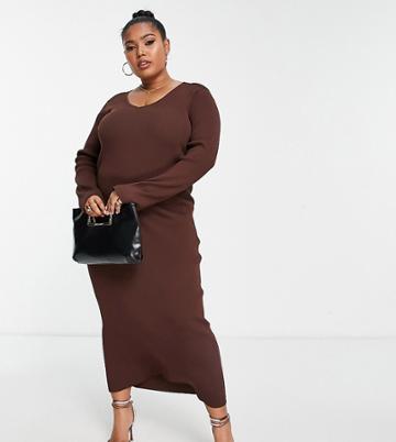 Pretty Lavish Curve Long Sleeve Knit Midi Dress In Chocolate Brown