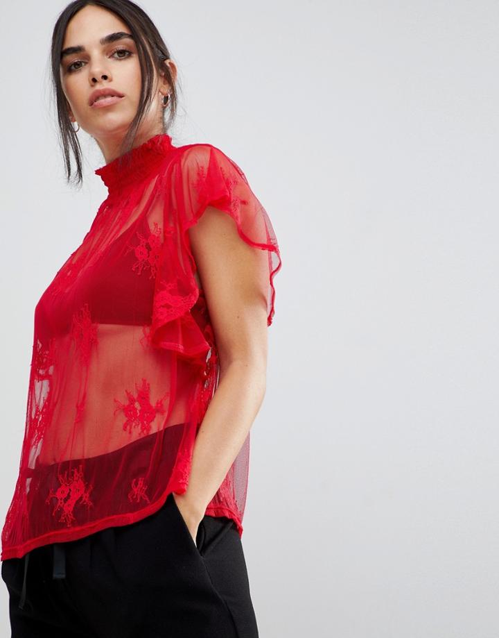 Y.a.s Cille High Neck Lace Blouse - Red