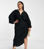 Asos Edition Curve Textured Drape Midi Shirt Dress With Tie Detail In Black