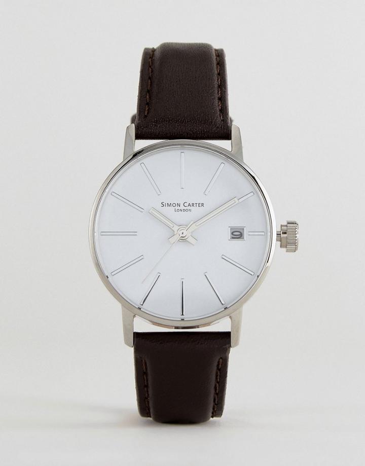 Simon Carter Lt905 Date Leather Watch In Black - Black