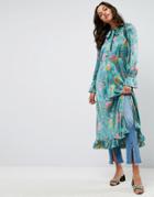 Asos Satin Oversized Maxi Drouser Dress With Neck Tie In Wallpaper Floral Print - Multi