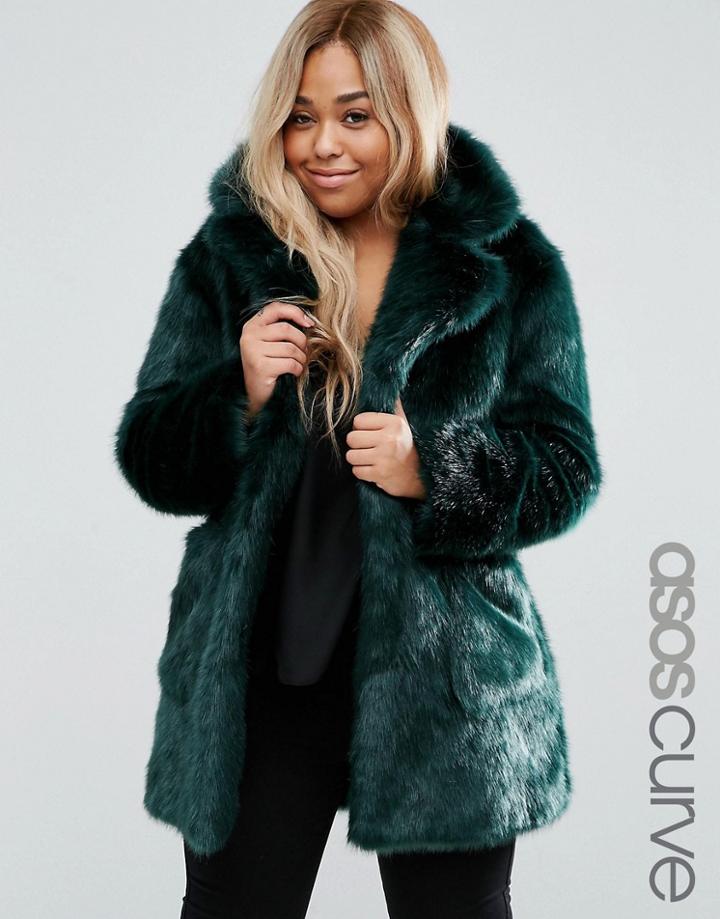 Asos Curve Coat In Green Plush Faux Fur - Green
