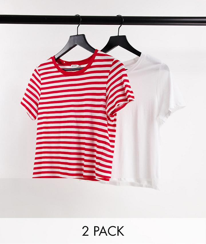 Monki Simba Cotton 2 Pack T-shirt In Red Stripe And Plain - Red