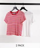 Monki Simba Cotton 2 Pack T-shirt In Red Stripe And Plain - Red
