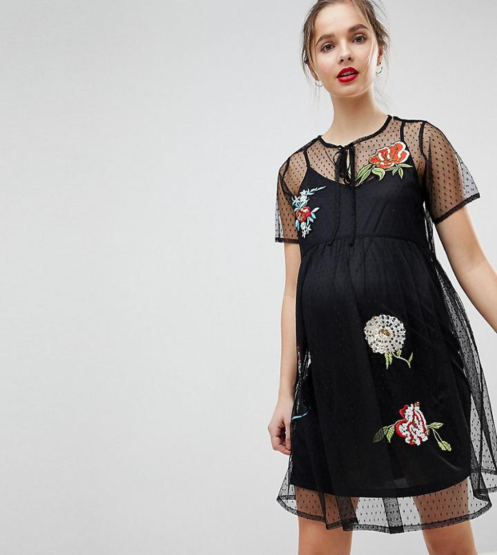 Asos Maternity Premium Dobby Mesh Mini Smock Dress With Embellished Flowers - Multi