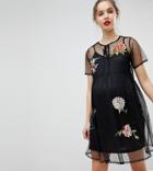 Asos Maternity Premium Dobby Mesh Mini Smock Dress With Embellished Flowers - Multi