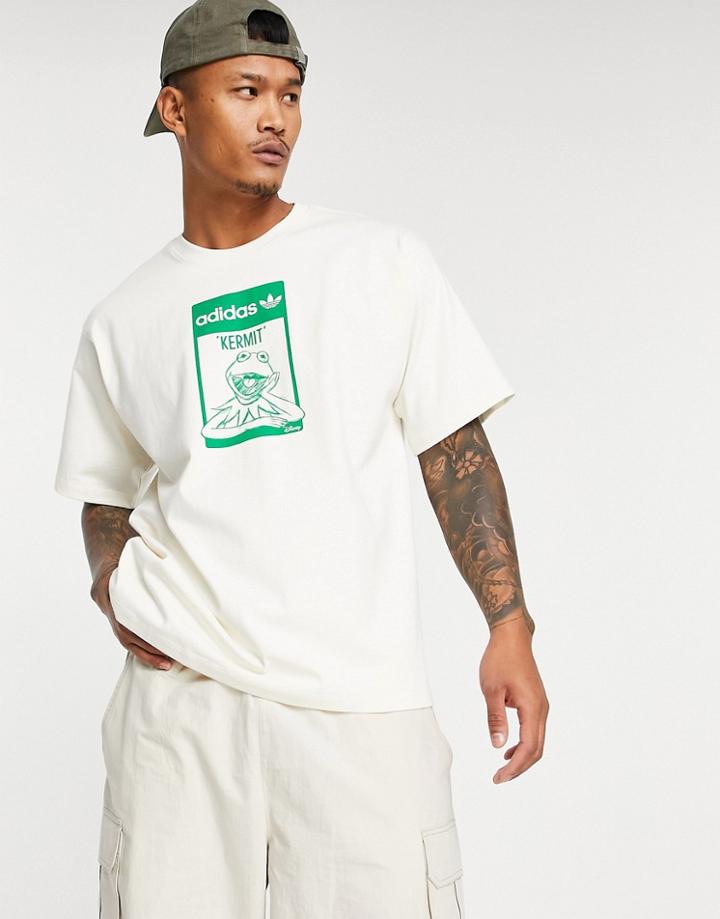 Adidas Originals X Disney T-shirt With Kermit The Frog Print In Off White