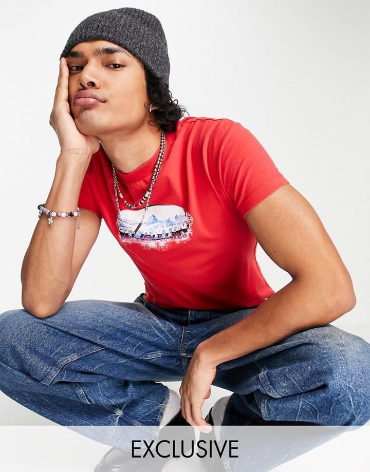 Reclaimed Vintage Inspired Unisex Shrunken T-shirt With St Anton Graphic In Washed Red