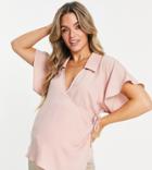 Asos Design Maternity Collared Wrap Blouse In Blush-pink