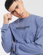 Asos Design Oversized Long Sleeve T-shirt In Washed Blue With Text Print-blues