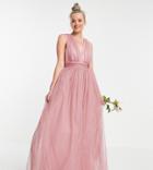 Asos Design Tall Tulle Plunge Maxi Dress Dress With Bow Back Detail In Rose-pink