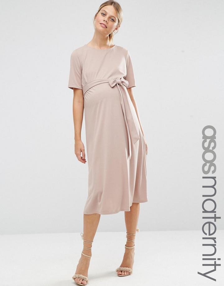 Asos Maternity Midi Dress With Tie Front - Pink