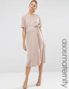 Asos Maternity Midi Dress With Tie Front - Pink
