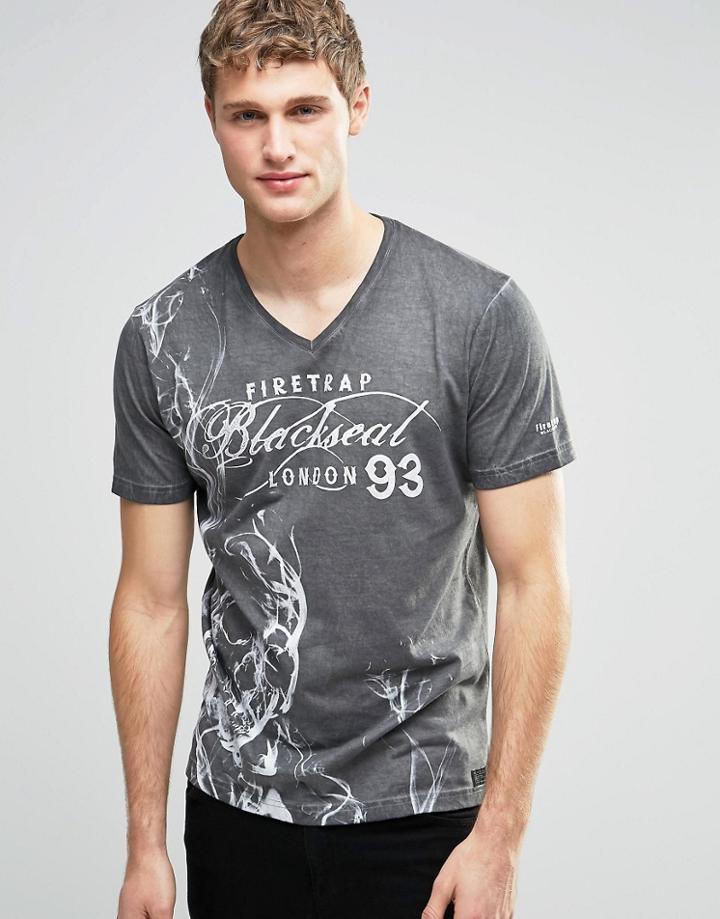 Firetrap Washed Skull Printed V Neck T-shirt - Black