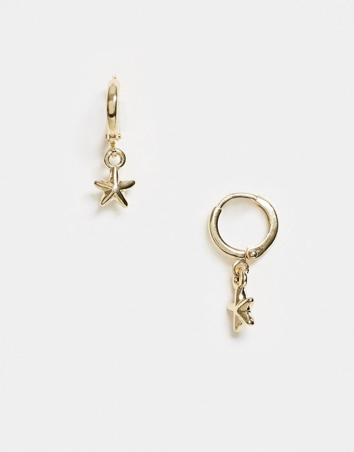 Designb London Huggie Hoop Earrings With Starfish Drop In Gold