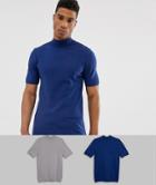 Asos Design Knitted Cotton Turtleneck T-shirt In Navy / Light Gray 2 Pack Save - Multi