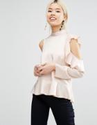 Asos Satin Ruffle Top With Cold Shoulder - Beige