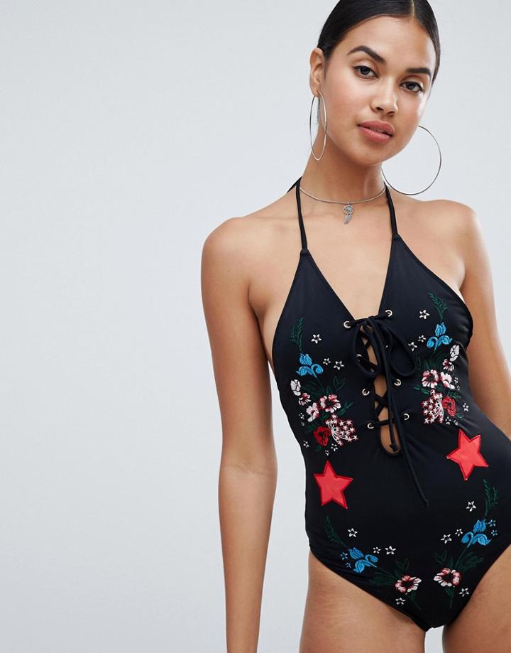 Signature 8 Embroidered Lace Front Halter Neck Swimsuit-black