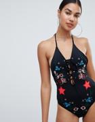 Signature 8 Embroidered Lace Front Halter Neck Swimsuit-black