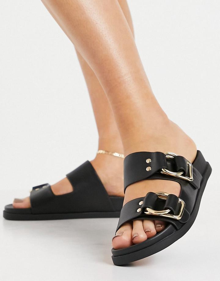 River Island Double Buckle Flat Sandal In Black