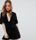 Asos Petite Tea Romper With Square Neck And Ruffle Detail - Black