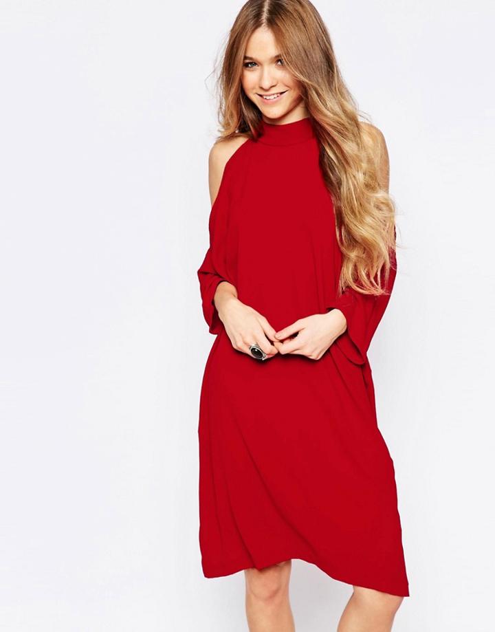 Liquorish Cold Shoulder Midi Dress - Red