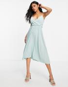 Asos Design Wrap Front Tie Back Midi Dress In Blue-blues