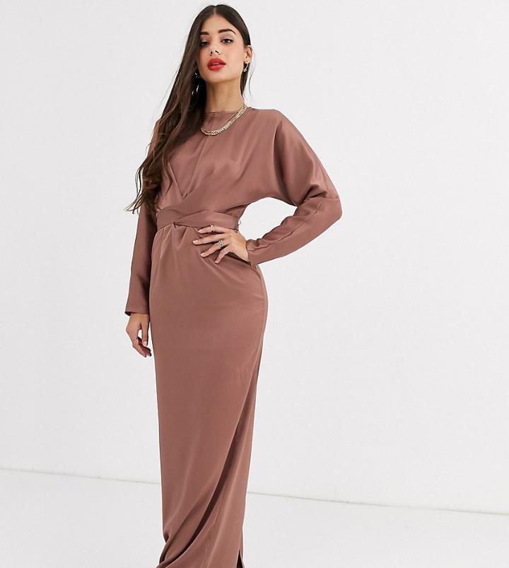 Asos Design Tall Satin Maxi Dress With Batwing Sleeve And Wrap Waist In Mink-pink