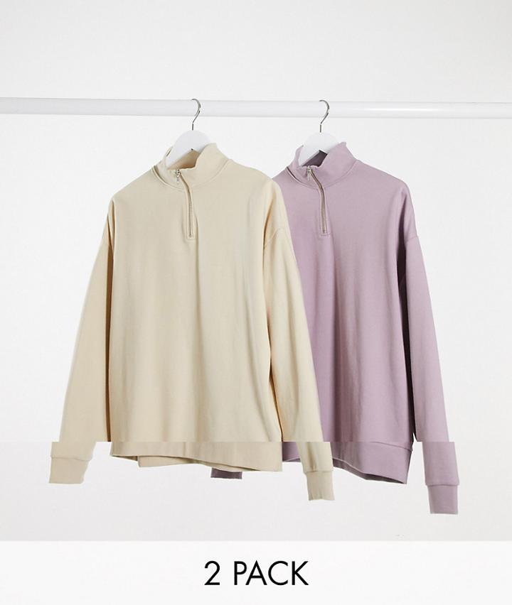 Asos Design Oversized Half Zip Sweatshirt 2 Pack In Beige/dusty Purple-multi