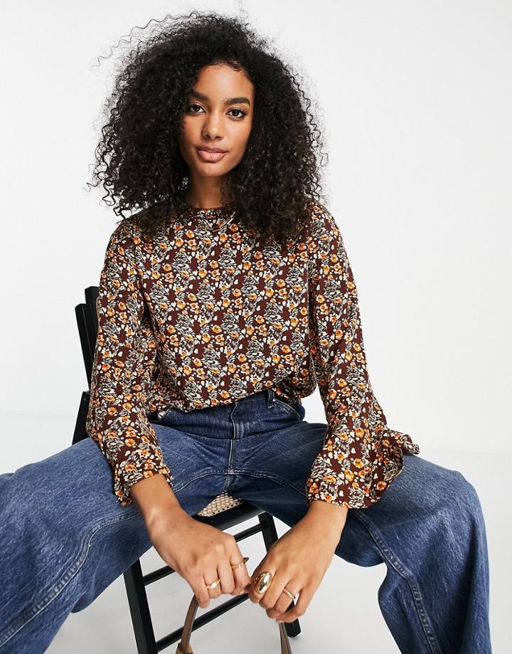 Y.a.s. Olima Floral Print Flared Sleeve Top In Brown