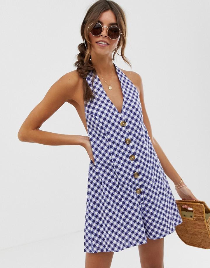 Asos Design Halter Romper With Button Detail In Self Stripe In Gingham Print-multi