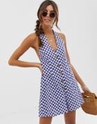 Asos Design Halter Romper With Button Detail In Self Stripe In Gingham Print-multi