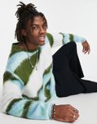 Asos Design Oversized Fluffy Knit Sweater With Abstract Design In Green