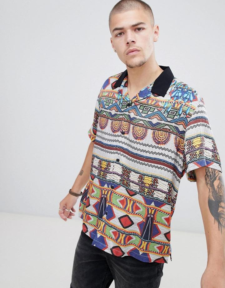Asos Design Oversized Geo-tribal Print Shirt With Revere Collar - Multi